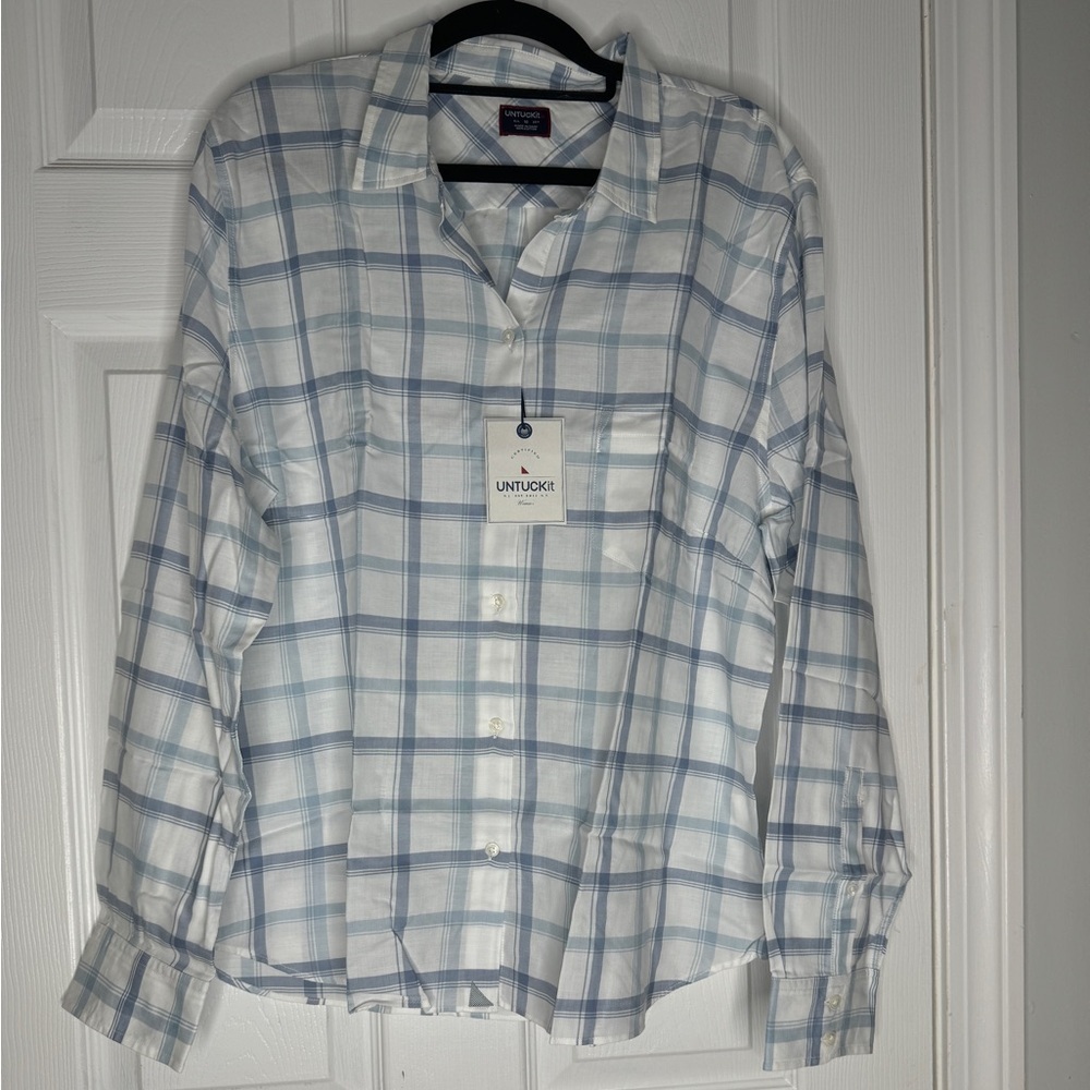 UNTUCKIT NWT Woman’s Melini‎ White/Blue Plaid Buttondown 100% Cotton Size 16